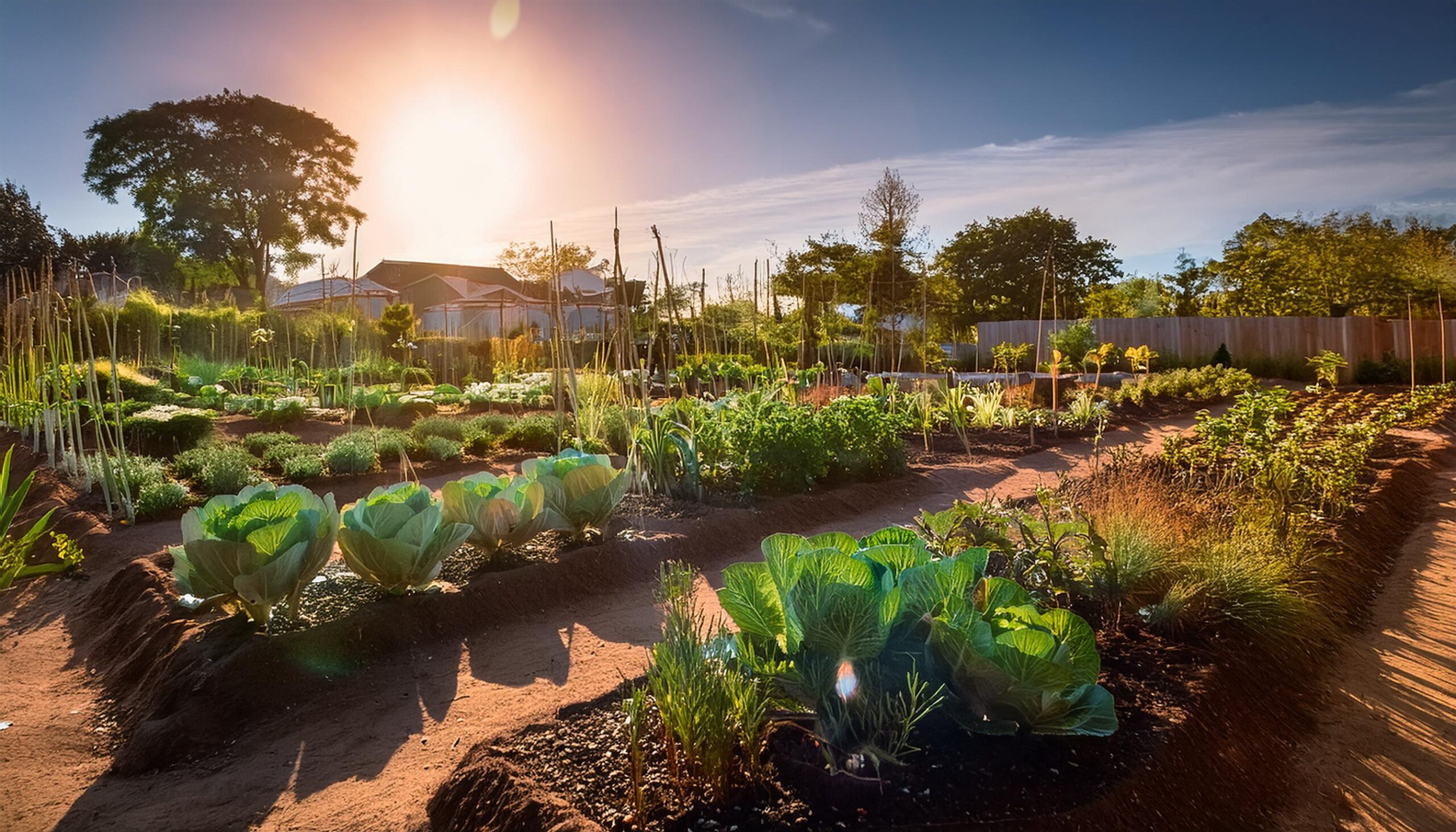 Imagen panorámica de huerta agroecológica en entorno urbano.