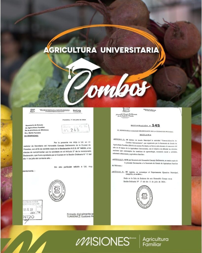 Imagen que muestra la Declaración de Interés Municipal para la actividad "Comercialización de Combos Universitarios" en Posadas. La imagen incluye una fotografía de verduras frescas y la copia del documento oficial de la declaración emitido por el Honorable Concejo Deliberante de la ciudad de Posadas. El texto en la parte superior dice "Agricultura Universitaria Combos" y en la parte inferior se puede ver el logo del Ministerio de Agricultura Familiar de Misiones.