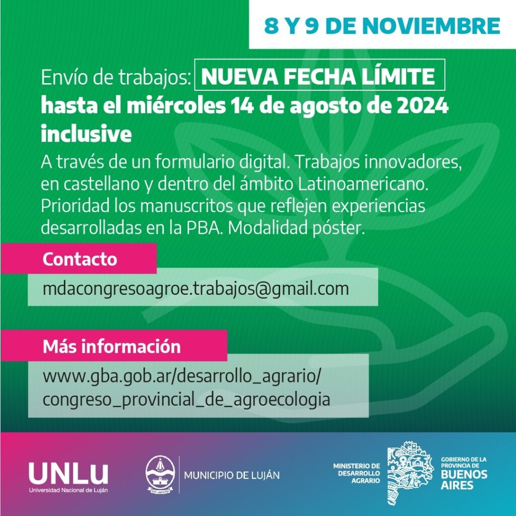 Nueva fecha límite para el envío de trabajos al Congreso Provincial de Agroecología: 14 de agosto